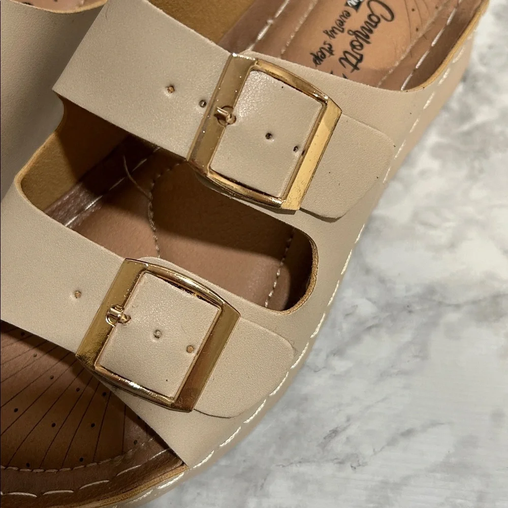 UNBRANDED WOMENS DOUBLE BUCKLE STRAP SANDALS CREAM SZ 8